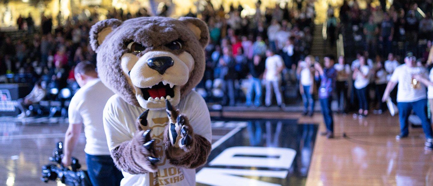 Grizz bear mascot standing on an athletic court with people seated in the stands